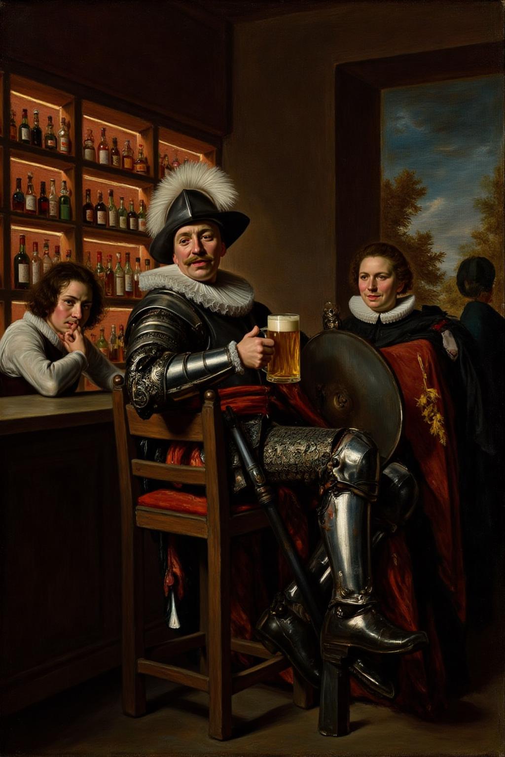 fraha1 painting. Don Quixote sitting at a modern bar, enjoying a beer. He wears his classic, medieval armor, slightly tarnished and mismatched, and his signature helmet with a plume. He sits on a high bar stool, holding a frothy pint of beer in one hand, his lance and shield propped up against the bar counter. The bar around him is sleek and contemporary, with neon lights, polished wood, and various bottles lined up on shelves behind him. Other patrons, dressed in modern casual attire, glance curiously at the armored knight. Soft, warm lighting casts a relaxed atmosphere, highlighting the whimsical contrast between Don Quixote and the modern setting. Surreal and humorous, anachronistic, vibrant colors, character-driven scene.  <lora:fraha2_nocap_d6a3:1.0><lora:806973056112322391:0>