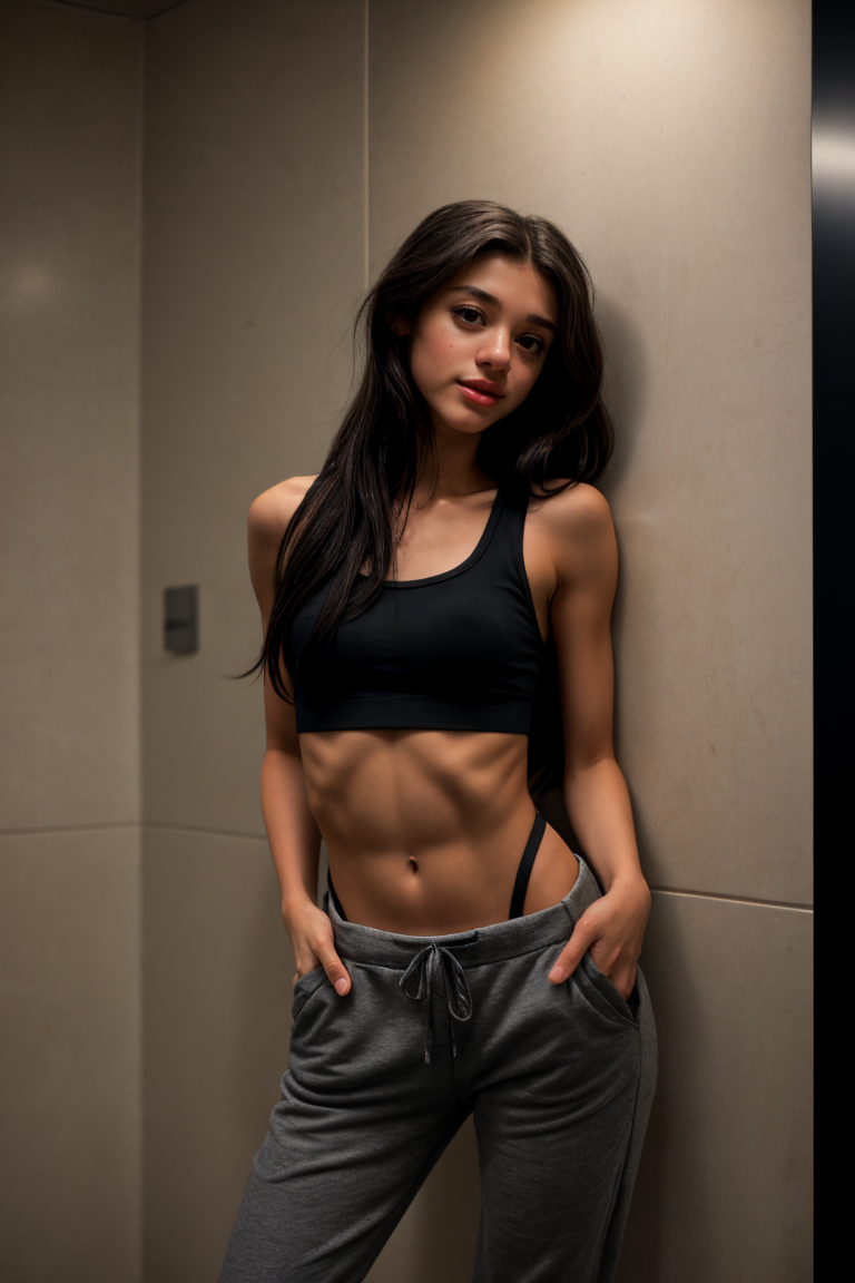(Full shot:1.4) DV4_Brooke_Vicious (Very long Black Hair:1.4)
(skinny, slim, slender, narrow waist, abs:1.3) BREAK (exhausted:1.4)
(grey sweatpants and tanktop:1.3) BREAK
<lora:highleg_panties_v0.1:1> highleg panties
(inside a public restroom:1.5)
(((Photo Focus, DOF)))
<lora:more_details:0.3> <lora:exposure_control_v10:-0.1>