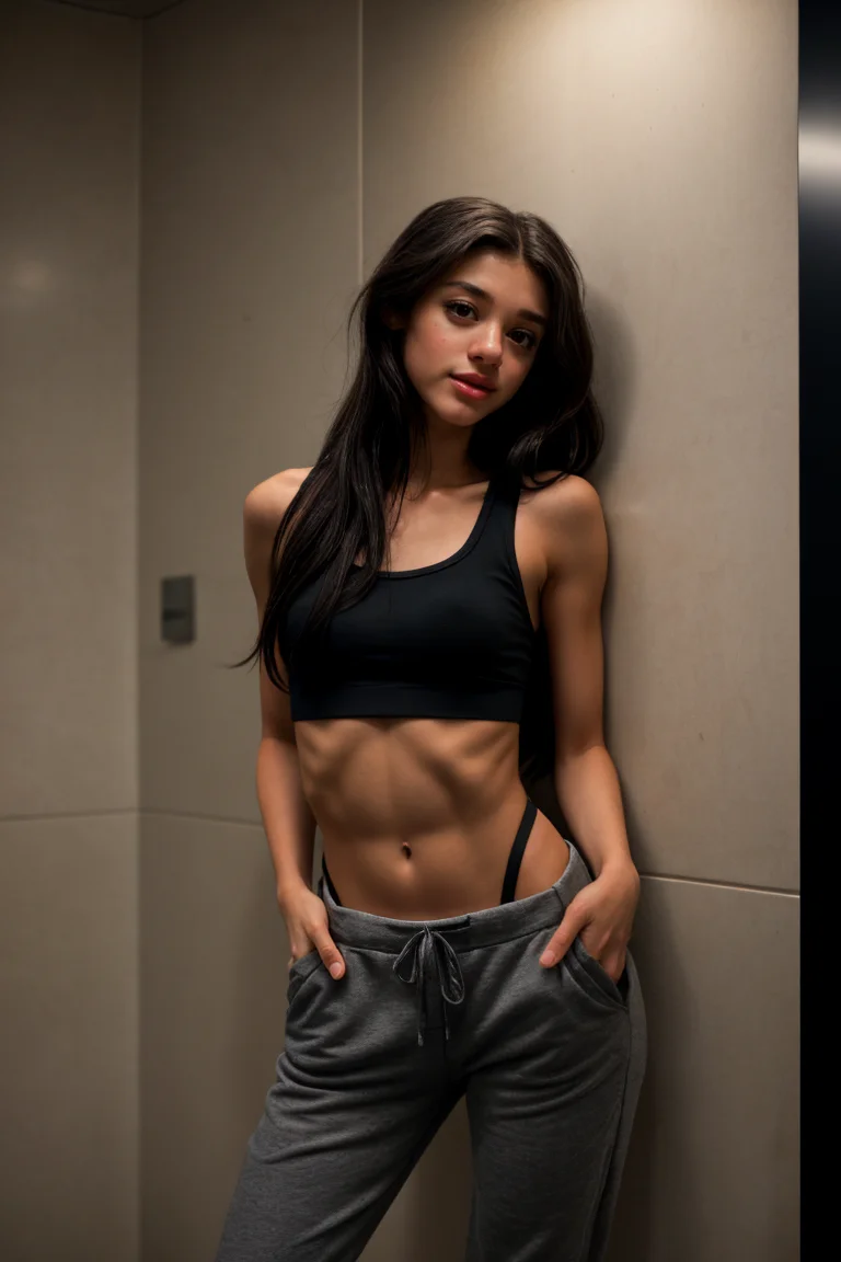 (Full shot:1.4) DV4_Brooke_Vicious (Very long Black Hair:1.4)
(skinny, slim, slender, narrow waist, abs:1.3) BREAK (exhausted:1.4)
(grey sweatpants and tanktop:1.3) BREAK
<lora:highleg_panties_v0.1:1> highleg panties
(inside a public restroom:1.5)
(((Photo Focus, DOF)))
<lora:more_details:0.3> <lora:exposure_control_v10:-0.1>