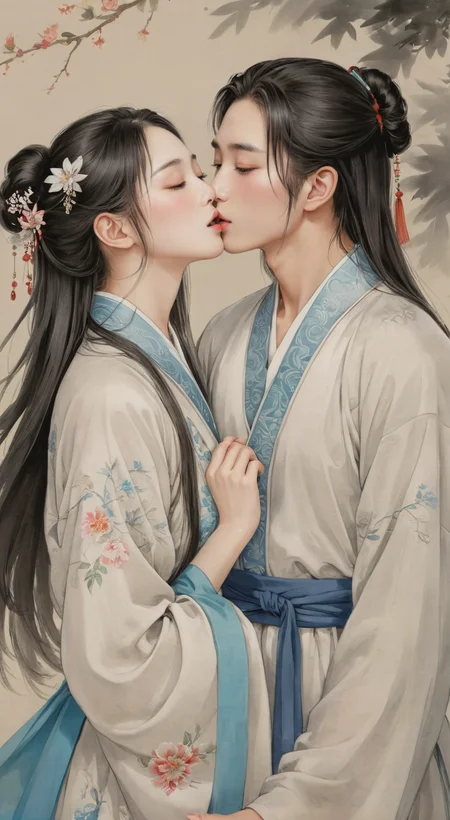 masterpiece,best quality,highly detailed,sharp focus,dynamic lighting,vivid colors,texture detail,particle effects,storytelling elements,narrative flair,16k,HDR,subject-background isolation,2D,(Authentic skin texture:1.3),traditional chinese ink painting,1 perfect face girl BREAK 1 handsome face boy,the boy have a long hair,they all are weared (white:1.2) chinese traditional (transparent:1.2)_clothing,they all closed eyes,the boy was stand up at same height level side of the girl,the boy's hand is holding the (girl's big chest:1.3),(the boy is (kissing:1.8) the girl:1.7),Stick out tongue,Drooling,(they are looked at each other:1.4),background is sea,ink,