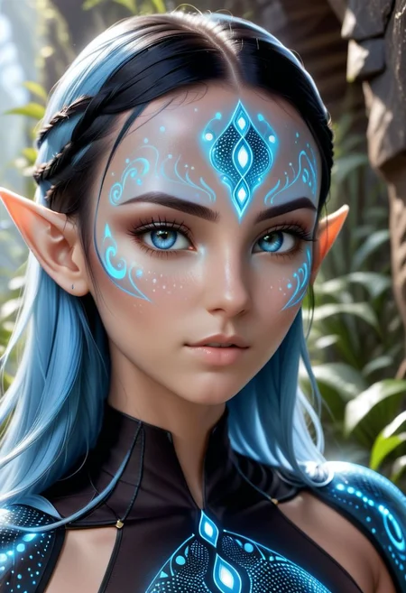 blue humanoid avatar with bioluminescent avatar markings dots and patterns on their skin. Pointed elf ears. avatar like hair, hair colour black, sparkling glowing blue eyes, slightly shimmery iridescent blue skin. female, warrior like, magical and mystical, detailed and realistic. Only blue skin tone. Only blue coloured skin. Skin colour all blue.