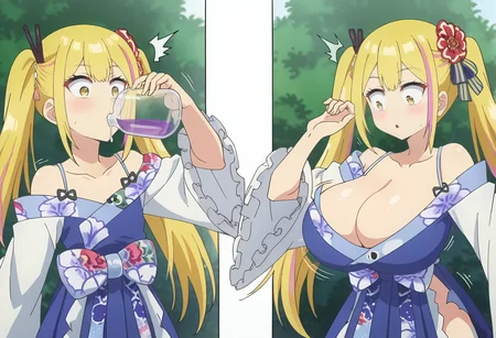 <lora:Breast_expansion:0.9> (breast expansion:1.2), (motion lines:1.2), multiple views, flat chest/huge breasts, (cleavage:1.2), bra showing, <lora:Sara de Odin:1> sara de odin, blonde_hair, long_hair, 1girl, multicolored_hair, twintails, streaked_hair, pink_hair, hair_ornament, yellow_eyes, bangs, japanese_clothes, kimono, (ripped clothes:1.1) ,chugging, drinking, spilling, drinking a purple potion at school, head tilted back, surprised <lora:drinking_chugging_pony-adam-cosine-8x4-4x1-cs1:0.5>, score_9, score_8_up, score_7_up, , anime coloring ,BREAK source_anime, anime