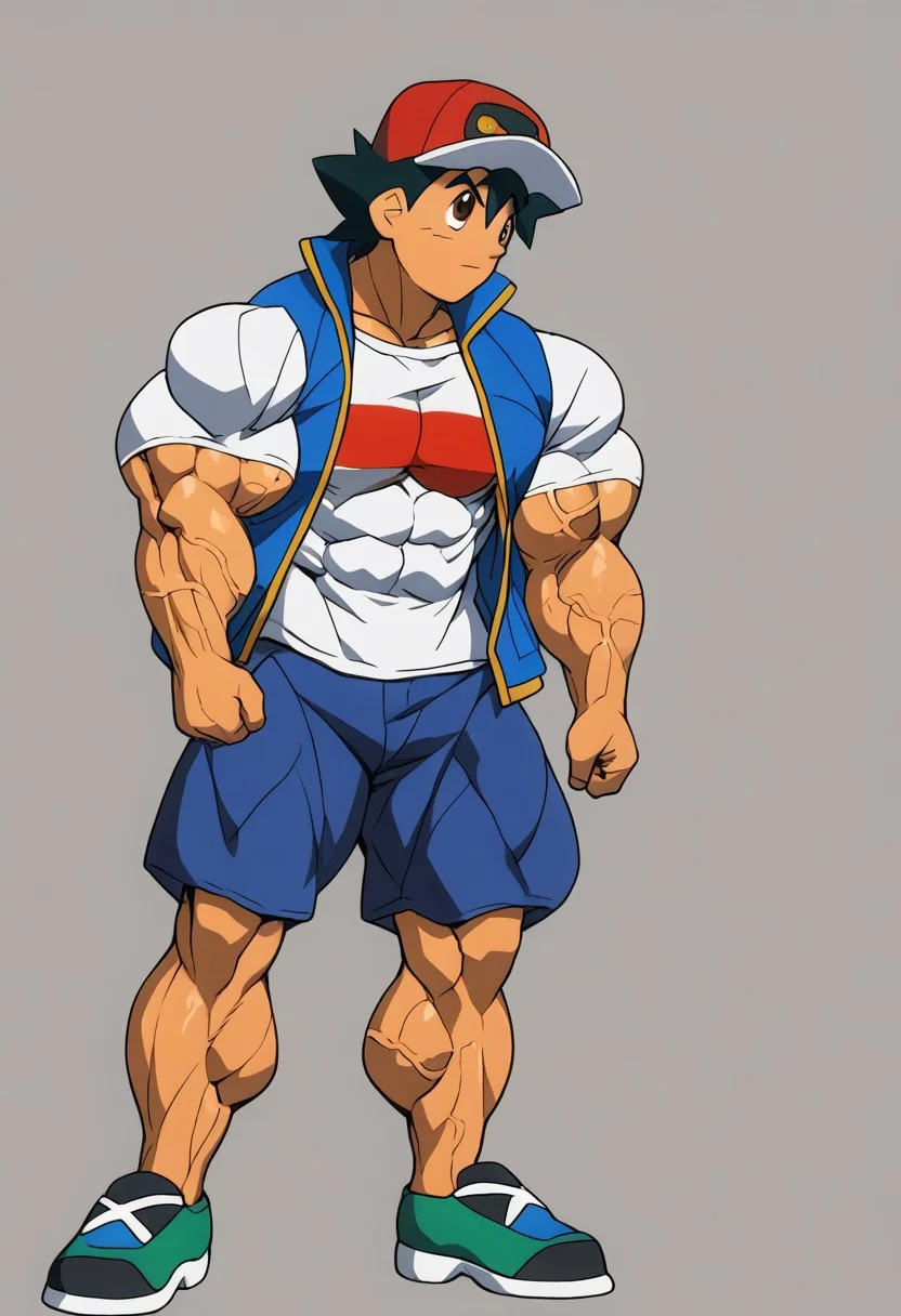 score_9, score_8, score_7, rating_explicit, source_anime, game_cg, male focus, glossy skin,1Boy, sharp shadows, vibrant colors, hard shadows, easynegative, Bara(may be needed), full body focus, massive veiny muscle,
source_anime,pokkuti,muscular,ash ketchum,ash_j2, 1boy, black hair, brown eyes, hat, baseball cap, shirt, white shirt, t-shirt, jacket, sleeveless jacket, shorts, blue shorts,muscular male, muscular abs, hyper muscle, man with massive muscles,huge arms, huge legs, pumped muscles, massive muscles,huge muscles, muscular abs, huge biceps, huge triceps,<lora:PonyDiffXL_Female_Hyper_Muscle:1>,massive veiny muscle,solo