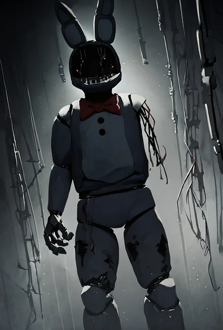 score_9, score_8_up, score_7_up , <lora:withbon-10:1> withbon, ((missing arm, amputated arm, wires ))no humans, bow, rabbit ears,, robot, Ultra realistic, high detail, highres, zPDXL3 , black walls, black background, dutch_angle, tilted angle, tilted view, angle <lora:insh4d0:0.8> insh4d0,