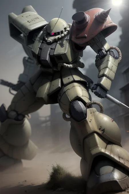 score_9, score_8_up, score_7_up, 8k, very detailed, dynamic angles, unique angles, Zaku /grey armor panels, one-eyed, glowing eye, fighting stance/, action shot, mecha, robot, science fiction, zeon, holding weapon, (sharp:1.2), (detailed:1.2), (best quality:1.2), (best resolution:1.2), (dramatic lighting), ((realistic)), industrial background