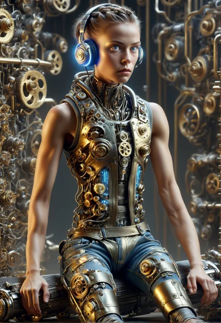 DonMSt34mPXL male female reverse engineers, gene-spliced hybrid, being resulting from genetic manipulation, exhibiting a mix of species traits, young adult, petite, scandinavian, steel gray eyes, pointed chin, low cheekbones, athletic build, , brown cornrows hair, frown, balanced stance, character stands with feet together and arms at the sides, maintaining perfect balance, wearing neon signage pattern bluish-golden cybernetic nanoflake coating augmented reality jeans, pearl quantum-tech bio-textile cyber-denim vest, holo-foil wedge sandals, quantum-linked headset , relaxed rest, character sits or leans against a surface, looking calm and at ease, hazy atmospheric glow, the question of what it means to be human in a world governed by ai, biopunk <lora:DonMSt34mPXL-000006:1>
