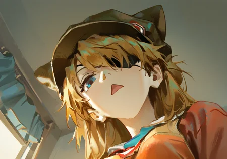 masterpiece, best quality, very aesthetic BREAK dino \(dinoartforame\), 1girl, solo, (eyepatch), souryuu asuka langley, animal hat, looking at viewer, red hair, blue eyes, triangle mouth, open mouth, from below, looking down, close-up, headshot
<lora:noob05-dinoartforame-jan30v2-step00002464:1>