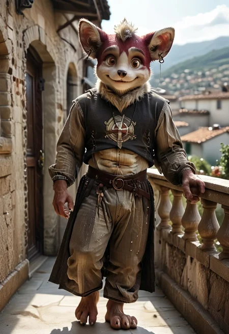 score_9, score_8_up, score_7_up, (((Barefoot furry character, full body, cinematic setting, furry male, plantigrade, correct anatomy, perfect hands)))
Chip Form Sonic The Hedgehog (series), (((templar outfit))), templar knight, green gem necklace, ((1boy, solo, solo focus)), muscular, furry male, burgundy fur,body fur, perfect eyes, perfect face, fur, fluffy fur, tuft, detailed fur,, bronze eyes, curvy, covered nipples, Expressiveh, looking at the viewer, seductive smile, half closed eyes, tight clothes, skindentation, ear piercing,cute makeup, BREAK indoor, detailed background, balcony, abs, ((muscular)), white neck fluff, (((nice furry feet paws)))