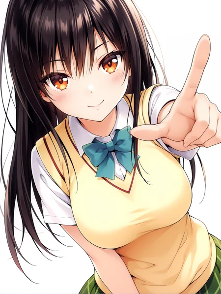 masterpiece,best quality,newest,
1girl,solo,general,
<lora:kotegawa_yui_ilxl_v1.2:1>,yui,black hair,long hair,orange eyes,y_clothes,short sleeve blouse,sweater vest,green plaid skirt,
<lora:Fixhands_anime_bdsqlsz_V1:1>,looking_at_viewer,upper_body,face_focus,dynamic_angle,cinematic_angle,reaching,(pointing:1.2),pov,smile,white_background,simple_background,blush,