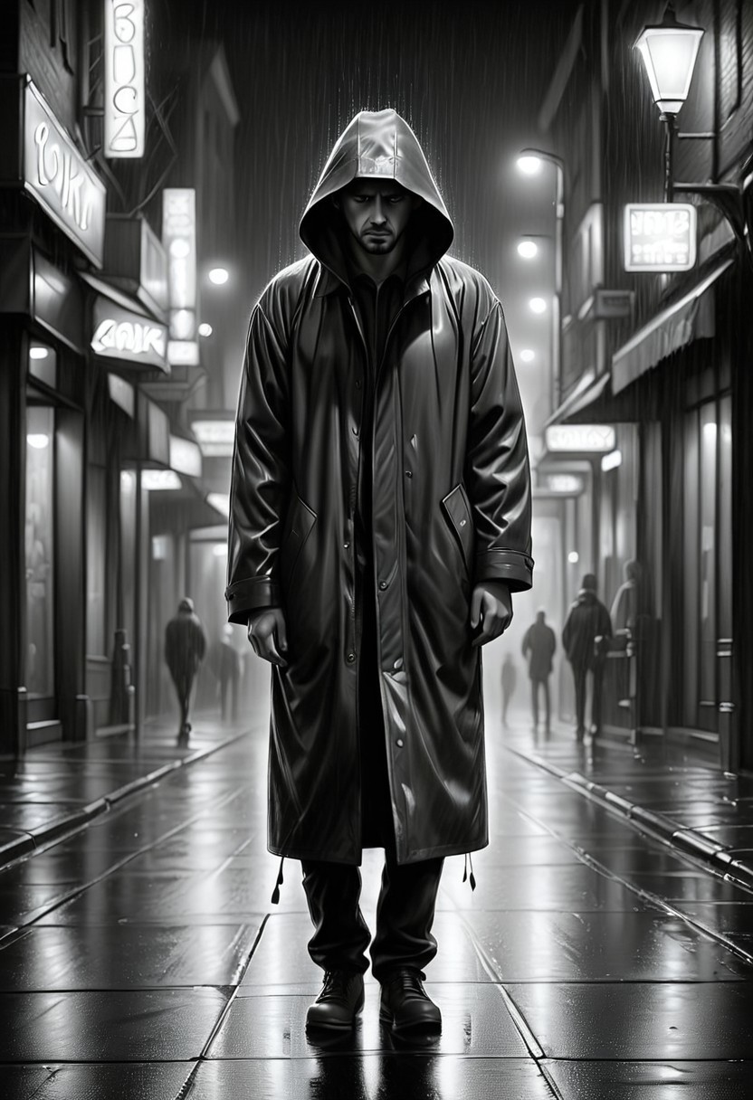Jed-Pen,
A solitary figure walks down a dimly lit city street, rain pouring heavily as neon lights reflect off the wet pavement. Their face is obscured by the hood of a coat, but the weight of sadness lingers in their posture.