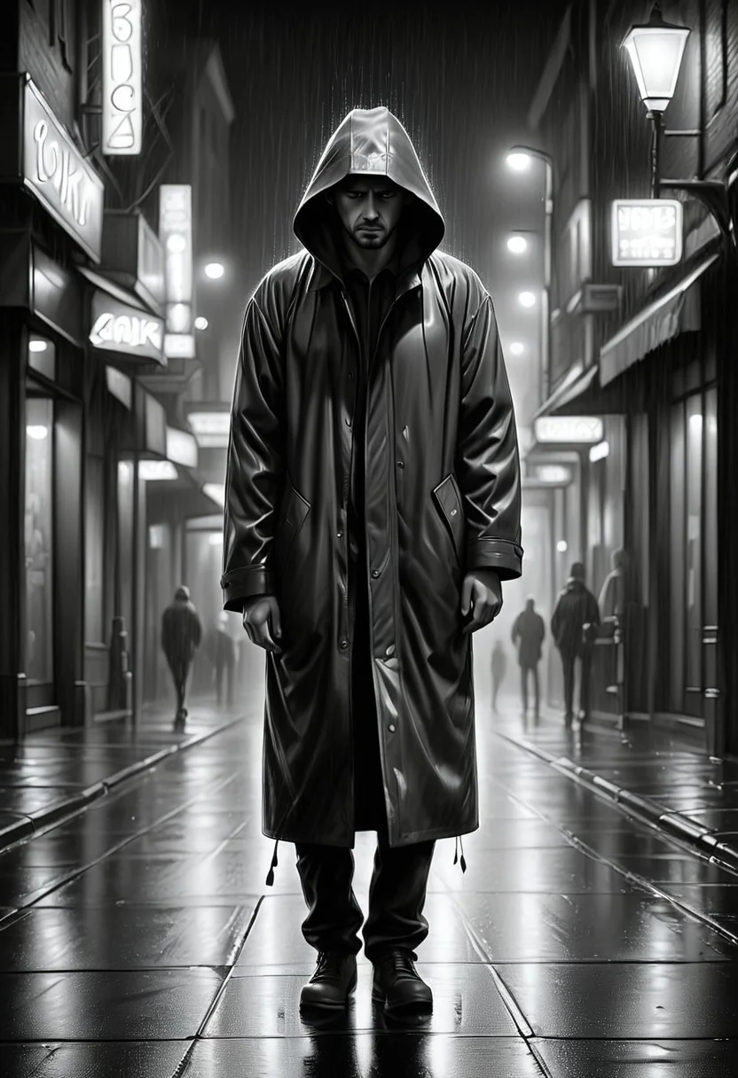 Jed-Pen,
A solitary figure walks down a dimly lit city street, rain pouring heavily as neon lights reflect off the wet pavement. Their face is obscured by the hood of a coat, but the weight of sadness lingers in their posture.