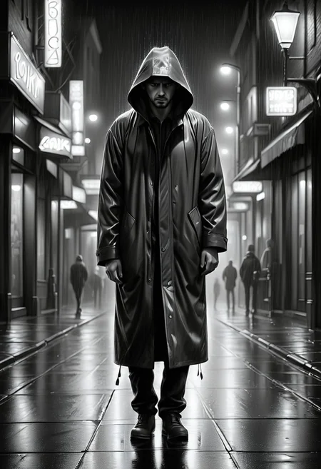 Jed-Pen,
A solitary figure walks down a dimly lit city street, rain pouring heavily as neon lights reflect off the wet pavement. Their face is obscured by the hood of a coat, but the weight of sadness lingers in their posture.