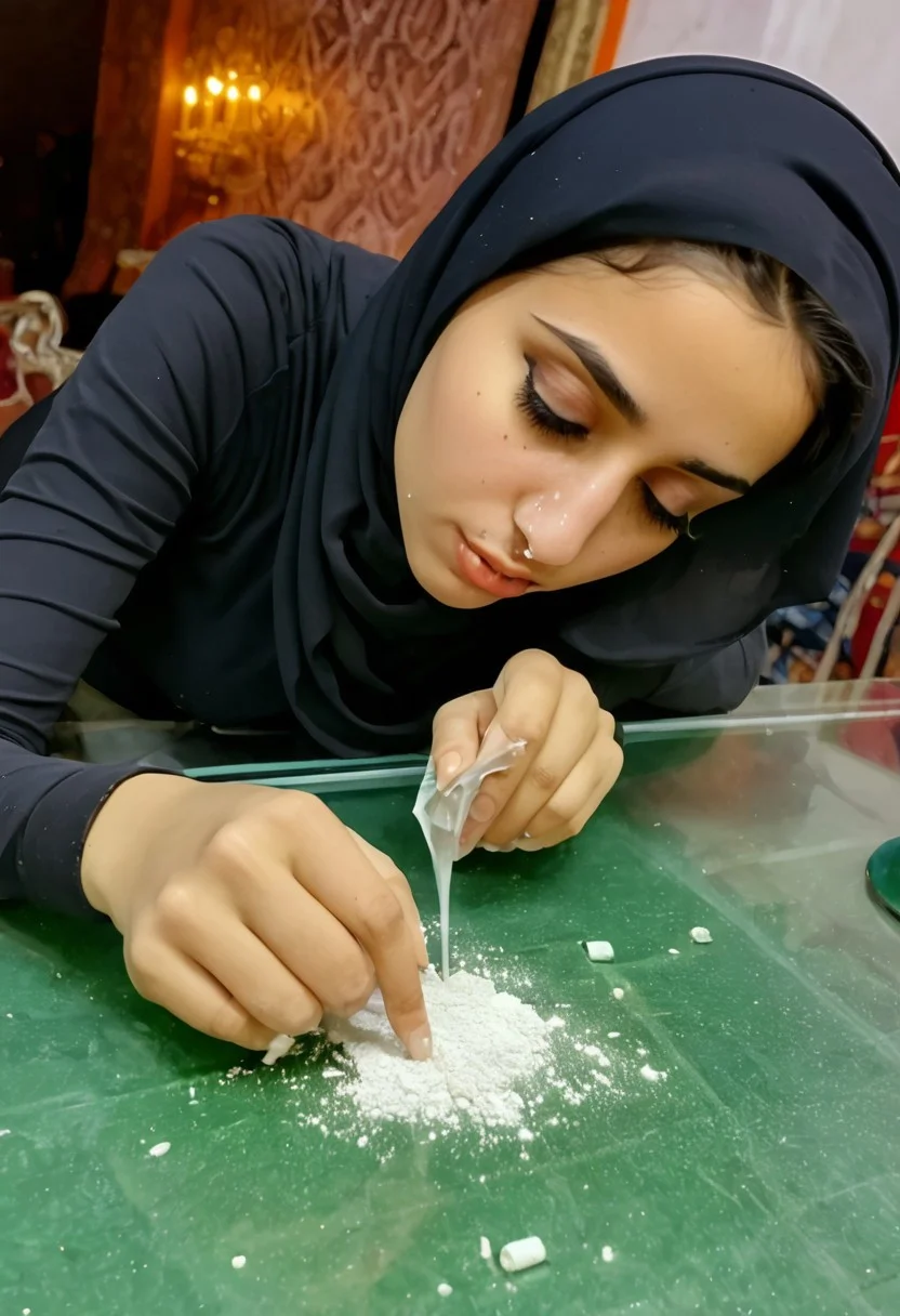Hijab beauty sexy Iranian girl 25 yo, snorting cocaine from a glass table, rolled bill as straw in nose,  white lines of powder on the table, snorting in a rolled dollar bill