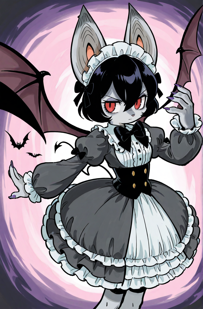 (anthro bat girl:1.5),black hair,(gray fur:1.5)dynamic pose, perspective
hair between eyes,zPDXL3,solo, red eyes,bat wings, evil_tail, 
<lora:Perfect Hands:1> <lora:age_slider_v4:-2.5>
<lora:Tezuka_Osamu:0.9>tezuka osamu
 HDA_GhoticDress_XL, score_9, score_8_up, score_7_up, score_6_up, score_5_up, score_4_up,zPDXL