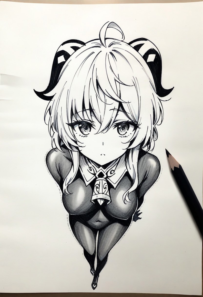 masterpiece,best quality,highres,intricate details,4k,stunning,detailed face,1 woman,ganyu,bleach,black_bodystocking,no suit,walking on the street,full_shot,from_above,depth of field,<lora:perfect-eyes:1>,looking at viewer,
simple background, background white sheet of paper, 
monochrome, greyscale, traditional media,  petting, drawn with pencil, sketch, detailed lines, 
sketch, manga page, manga style ,
pencil sketch style, soft shading, soft delicate features,