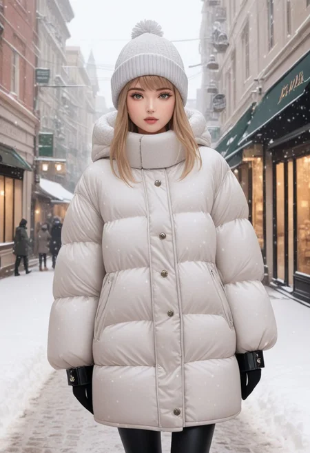 (white quilted down coat:1.4), (white quilted puffer coat:1.4), (white quilted winter clothes:1.4), (puffer hood up:1.4), (down hood up:1.4), (very snowing, very cold:1.4), (full body, ankle winter boots:1.4), (city, street, winter, snow:1.4), (snowing clothes:1.4), walking, daytime, sun, sunlight, (leggings:1.4), thigh boots, green eyes, tsurime, blonde hair, streaked hair, medium hair, light smile, straight hair, dyed bangs, sidelocks, beanie, eyelashes, eyeliner, masterpiece, high quality, best quality, beautiful lighting, realistic lighting, beautiful eyes, beautiful hair, beautiful face, detailed face, high quality face, realistic background, detailed background, (hands behind back:1.5), (from front:1.5), cuffs, collar, (Thick padded cuffs:1.4), (Thick padded collar:1.4), <lora:Collar-SDXL:0.75>, <lora:Cuffs-SDXL:0.75>, <lora:fashion_lora:0.6>