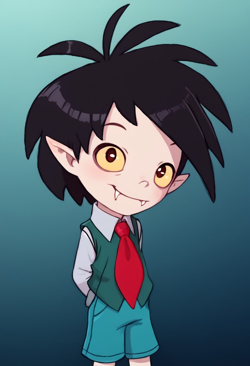 1boy, solo focus, Oskar, pale skin, Black Hair, Pointed Ears, Fangs, red necktie, vest, shorts, hands behind back, smile