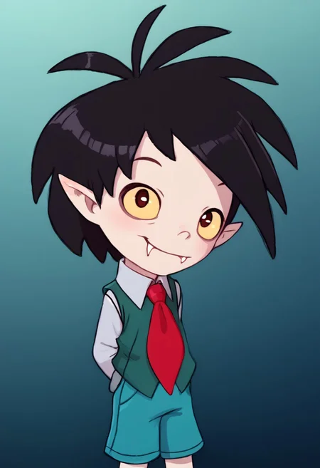 1boy, solo focus, Oskar, pale skin, Black Hair, Pointed Ears, Fangs, red necktie, vest, shorts, hands behind back, smile