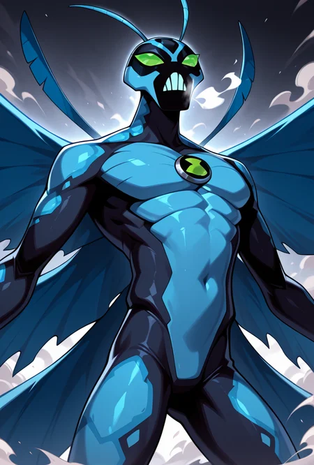 <lora:bigchill-07:1> bigchill, solo, 1boy, green eyes, blue skin, no humans, green sclera, teeth, no pupils,, blue wings, cowboy shot dynamic pose, neck fluff, antennae, steam breath,, masterpiece, best quality, amazing quality, very aesthetic, absurdres, newest,