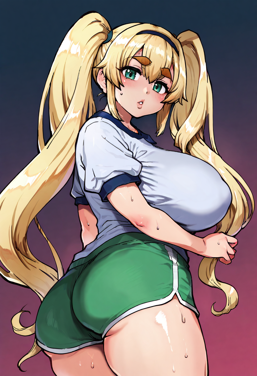 score_9, score_7_up,  1girl, 
huge breasts, wide hips, thick thighs, white shirt, long hair, blush, very long hair, shirt, sweat, thighs, shorts, green eyes, twintails, looking at viewer, red lips, headband, short shorts, puffy sleeves, thick eyebrows, breasts, solo, hair between eyes, blonde hair, gym shirt, short sleeves, gym shorts, ass, parted lips, green shorts, puffy short sleeves, gym uniform, long bangs, long sleeves
 <lora:shiwasu_no_okina-Style-PonyXL-GLoRA-000047:1>
