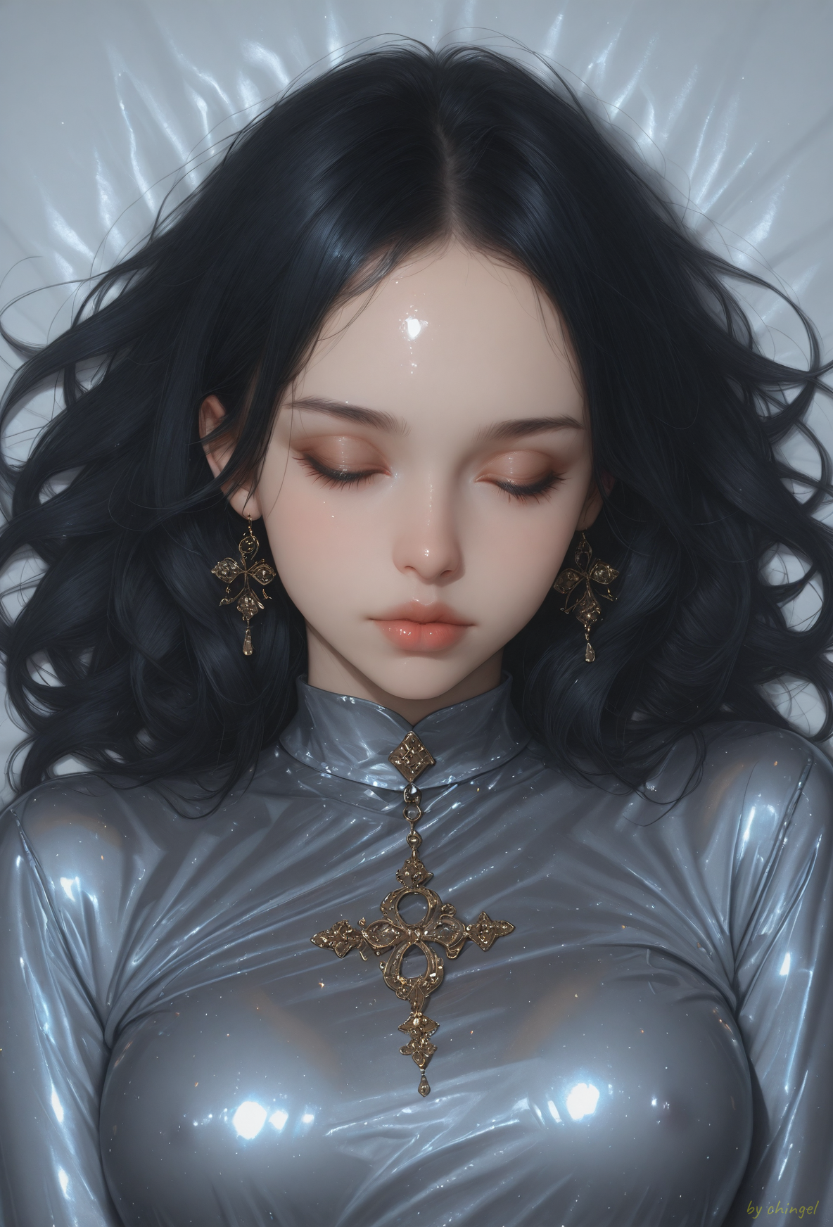 score_9, score_8_up, score_7_up,
best quality,masterpiece,highres,Highly detailed,realistic skin texture, detailed picture,UHD,32k,

rating_explicit,

This is a digital artwork featuring a young woman with a light olive skin tone and long, flowing black hair. She is lying on a bed of shimmering, reflective metallic fabric that resembles a shiny, metallic fabric. The fabric is predominantly a mix of blue and gold hues, with occasional sparkles and reflections adding depth and texture. The woman is draped in the fabric, with her head and shoulders partially covered, creating a sense of intimacy and vulnerability. Her expression is contemplative, with her eyes slightly closed and a thoughtful, almost melancholic look on her face. Her right hand is resting on her forehead, and her left arm is bent, with her hand resting on the fabric beside her. The background is dark and indistinct, focusing all attention on the woman and the fabric. The lighting is soft and diffused, casting gentle shadows that enhance the texture and depth of the metallic fabric. The overall style of the artwork is realistic, with a high level of detail and a focus on texture and light.
