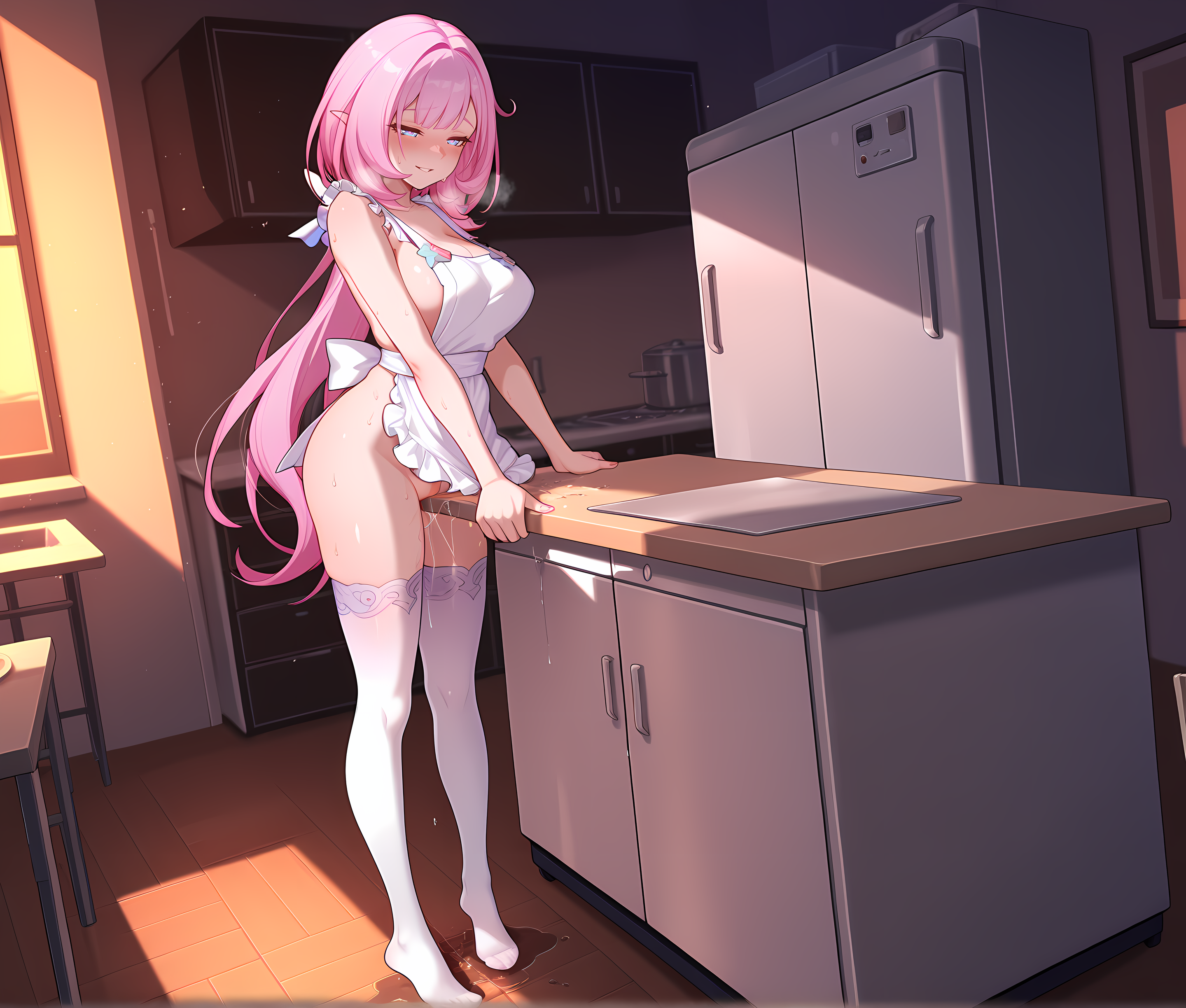 sunset,light rays,kitchen,refrigerator,counter,<lora:Table_Masturbation:0.9>,tablegrind,table,naked apron,cute,sexy,pussy juice,pussy juice puddle,pussy juice trail,sweat,full body,no shoes,thighhighs,fingernails,moaning,heavy breathing,blush,half-closed eyes,light smile,parted lips,standing,elysia \(honkai impact\),, masterpiece,best quality,amazing quality, very aesthetic, absurdres,detailed eyes,ultra-detailed,
