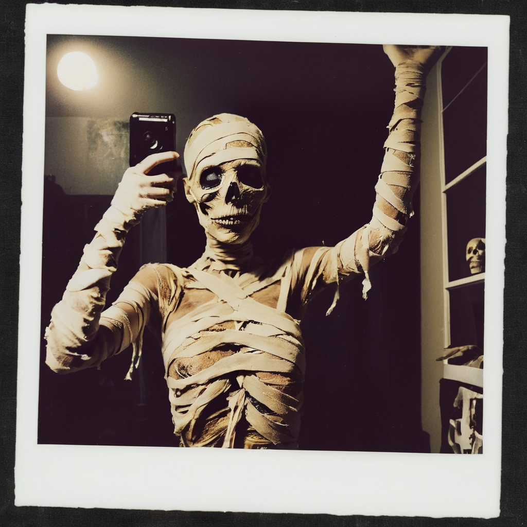 <lora:SDXL_mummy_Sa_May:1> mummy, a desiccated mummy, Halloween selfies, Polaroid photos.