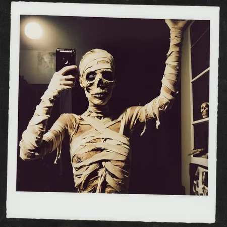 <lora:SDXL_mummy_Sa_May:1> mummy, a desiccated mummy, Halloween selfies, Polaroid photos.