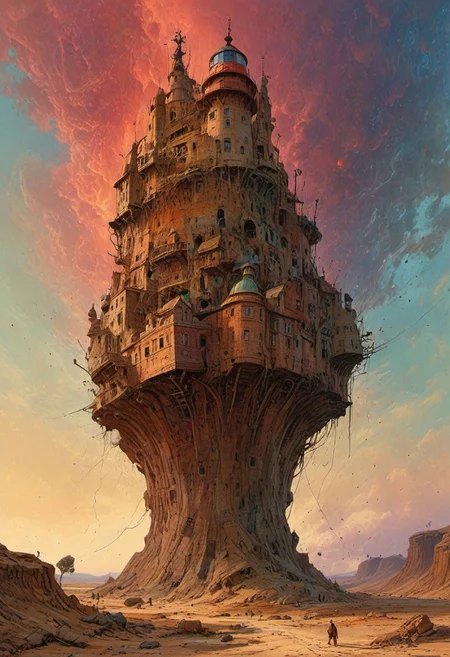 Dry riverbeds historic rendering of an old lighthouse, square spaceship , digital artwork by Beksinski, vibrant colors include cuware and births a house , inside the surreal landscape of warped geometry and digital artwork by Beksinski, create a sense of detailed, abstract, trippy, 60s style, op art, cell shaded, 8k. The composition includes overlapping circles, sharp-edged polygons, and fluid lines, all interwoven to create a sense of rhythm and flow.