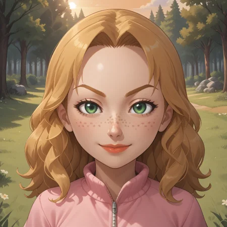 score_9, score_8, BREAK, solo, mii, wii, female wii, 1girl, wii sports, blonde hair, dark blonde eyebrows, green eyes, freckles, lips, pink clothing, white pants, shoes, nintendo mii, modern_mii, classic_mii, breasts, Rachel_(Wii_Sports), cute, sexy pose, smile, outdoors, sunlight, shadows, evening lighting, natural lighting, forest, trees, grass, orange sky, sunset