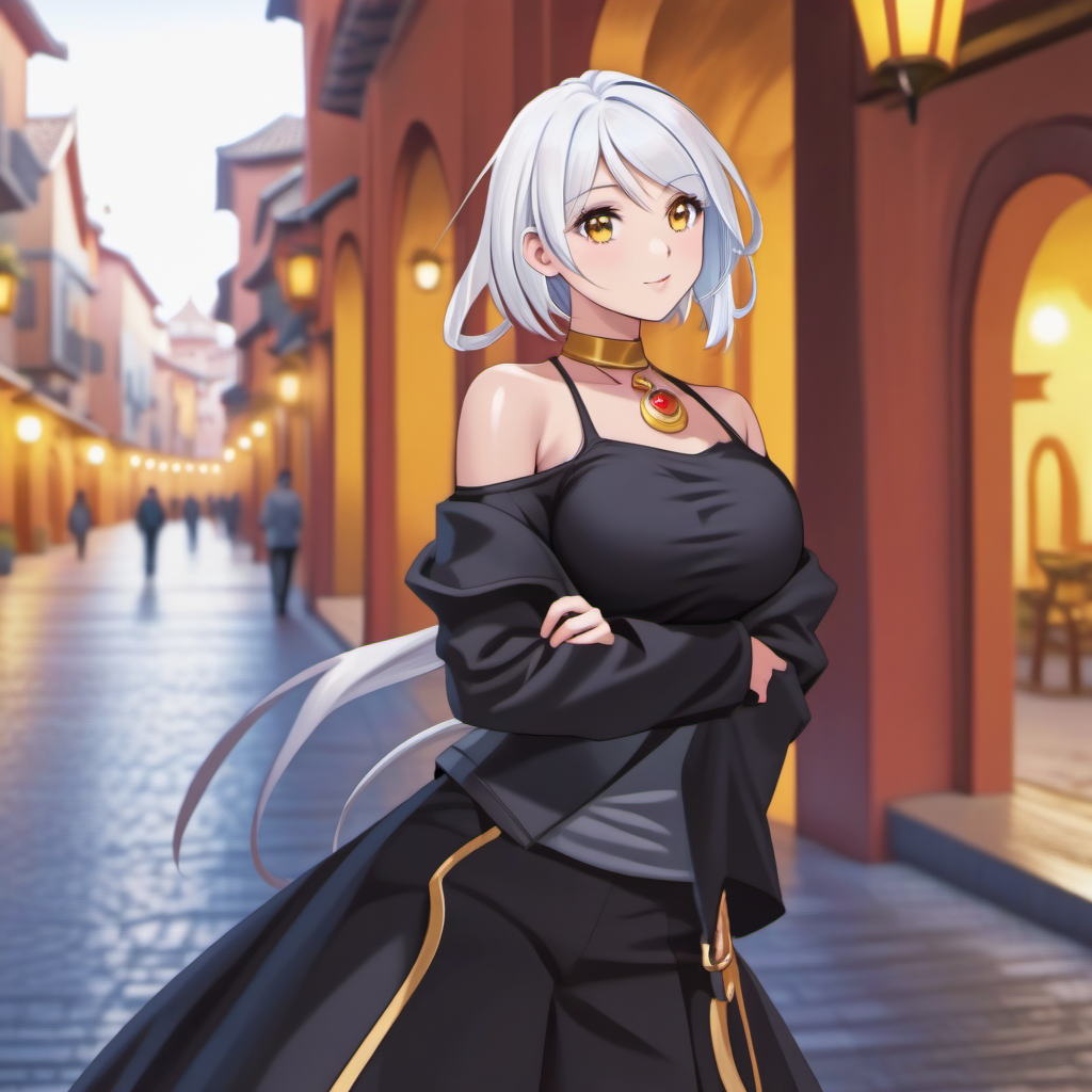 <lora:QIxl:1> , <lora:negativeXL_D:1>, qixl, (1girl), solo, white hair,    bare shoulder, black clothes, amber eyes, clothing cutout, best quality,  medium shot, flirting pose, random scenery background