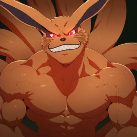 score_9, score_8_up, score_7_up BREAK Kurama, nine tailed fox, kyuubi, 1boy, solo, growing, muscular male, large veiny muscles, large pectorals, red eyes, looking at viewer, teeth, smile, grin, glowing eyes