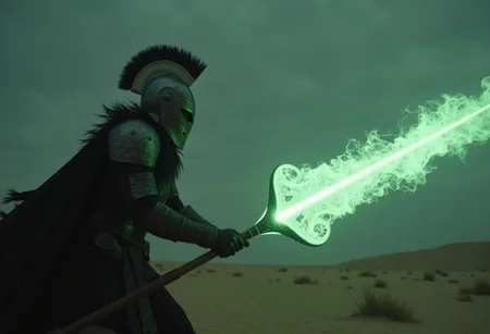 A dark fantasy action scene 6k movie stil-shot captures a dark, menacing towering 'warforged' knight in the heat of an intense, action-packed battle, reminiscent cinematic movie-still-shot using 6k dragon red camera. The knight’s intricately designed, battle-worn helmet reflects the eerie magical, ethereal glow of its weapon—a massive, glowing glaive. The blade crackles with dark energy, gathering ominously at its edge, where a glowing orb of faded pale green light pulses with immense, destructive power. This energy radiates along the glaive's handle, casting a glow that is reflected by the knight’s helmet and armor, creating stark contrasts between light and deep shadows. Wielding the glaive with both hands, the 'warforged' knight is fully focused on offense, the glow of its weapon only amplifying the surreal nature of the battle. The glow from the blade accentuates the intricate details of its armor, casting long shadows that flicker across the lone desert battlefield amidst the wilds.