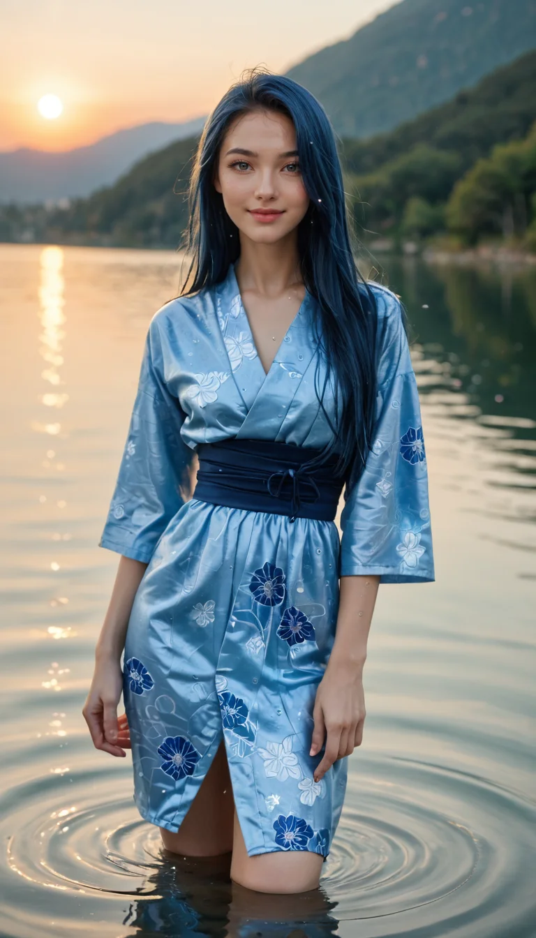 score_9_up, score_8_up, score_7_up, Raw Photo, Cowboy Shot, girl, cute, seductive, innocent, light smile:0.3, plump lips, slender body, floating blue hair, long hair, water:0.7, waterdrop, wet, high detailed blue kimono texture, intricate pattern, ultra detailed, textured clothing, softlight passing through hair, sunset, lake background, depth of field, dynamic angle, photo realistic:1.4, realistic skin:1.4, fashion photography, sharp, analog film grain, hyperdetailed:1.15
