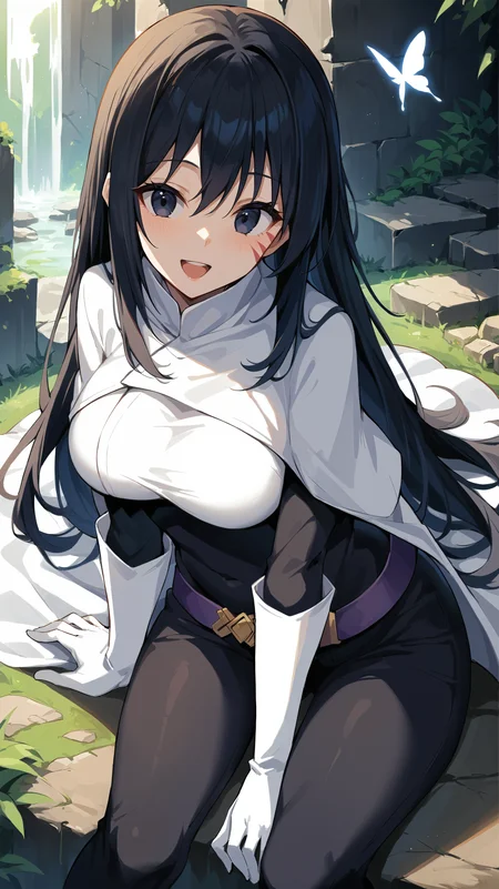 score_9,score_8_up,score_7_up,score_6_up, source_anime, zPDXL3, <lora:xl_more_art-full_v1:0.5>, girl, dynamic pose, butterfly sitting, <lora:Shizue Izawa - Pony-000004:0.8>, white shirt, white cape, black pants, long hair, black hair, dark blue eyes, white gloves, face markings, purple belt, lush nature, stone ruins, overgrown, happy,