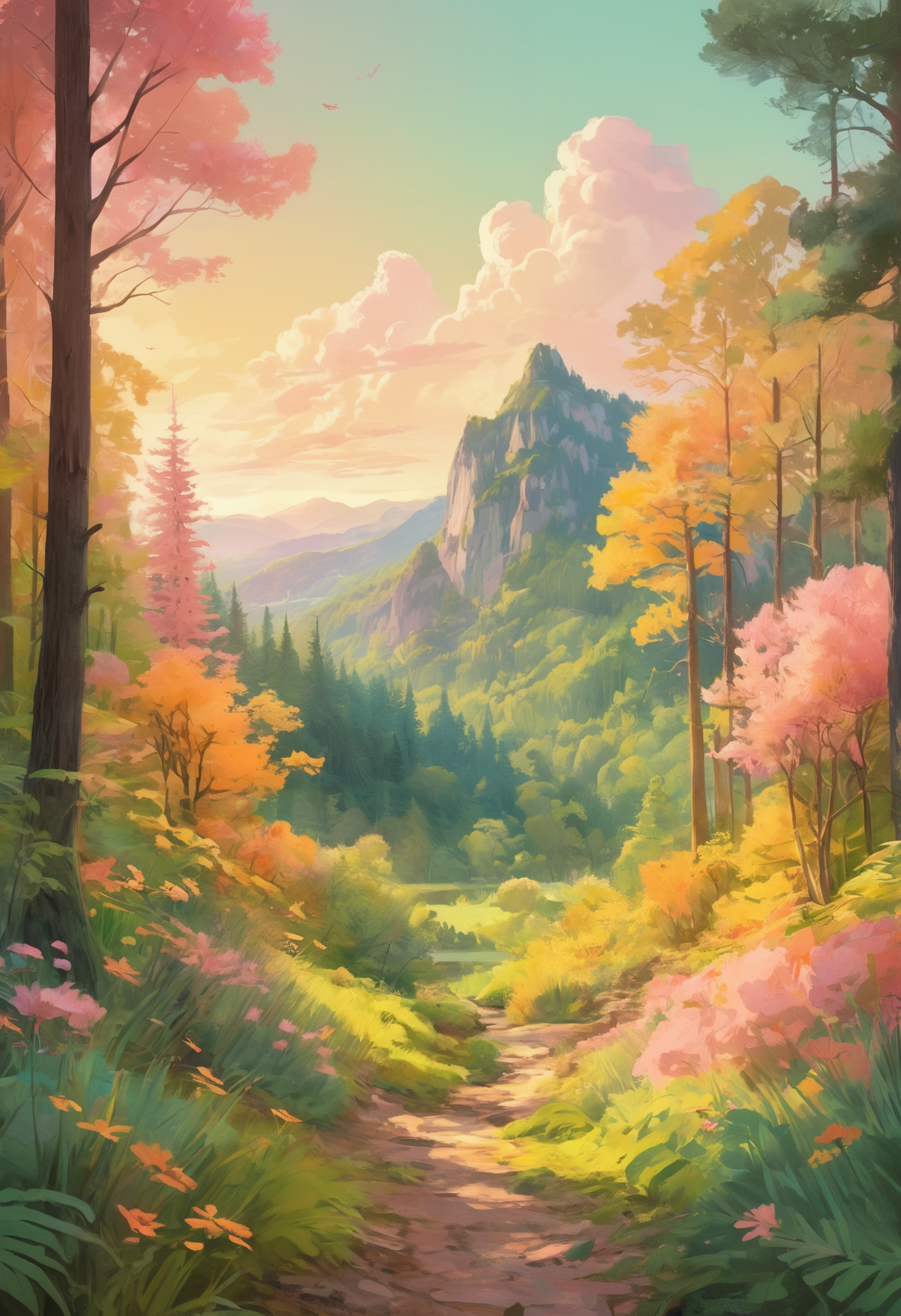 Key art, stylistic illustration, pastel colors, woodland, green and yellow and orange and pink hues, painterly, idyllic, masterpiece, 8k, hdr
