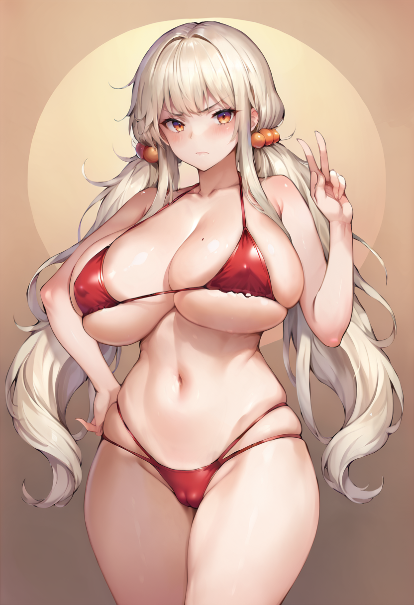 score_9, score_7_up,  1girl, 
huge breasts, wide hips, thick thighs, orange eyes, navel, solo, hand on own hip, covered nipples, hand up, closed mouth, hair ornament, red bikini, stomach, cameltoe, twintails, standing, underboob, bikini, skindentation, very long hair, long hair, swimsuit, alternate costume, thighs, cowboy shot, blush, low twintails, flipped hair, groin, sideboob, v-shaped eyebrows, frown, breasts
 <lora:aimee_(emi)-Style-PonyXL-GLoRA+Final-000046:1>