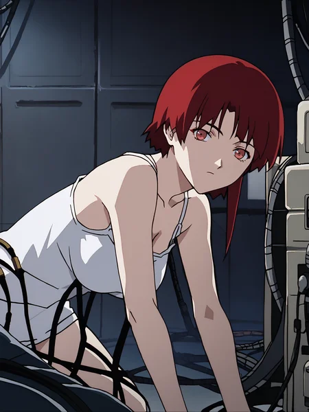 woman, 20 y/o, 20 year old, 20 year old woman, score_7_up, score_8_up, score_9, BREAK masterpiece, high quality, <lora:Lain_PonyXLv3:0.7> iwakura lain, [[large breasts]], anime screencap, looking at viewer, red eyes, red hair, cable, white camisole, dark room, all fours, from side, single sidelock, anime screencap, computer,