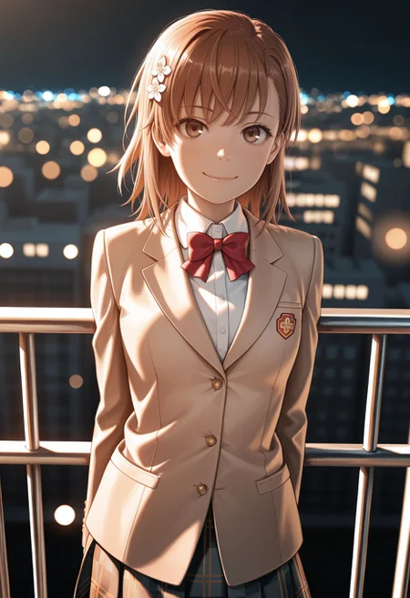 masterpiece,amazing quality,best quality,ultra-detailed,8K,illustration, amazing quality, newest, absurdres, realistic, (monochrome:0.8), hatching \(texture\), vivid color ,perfect body, perfect face, rim lighting,, ,from front,against railing,depth of field,blurry background,cityscape,bokeh, smile, face focus, looking at viewer,
<lora:Misaka Mikoto :1> 1girl, brown hair, brown eyes, medium hair, hair flower, tokiwadai school uniform, winter uniform, red bowtie, brown jacket, plaid skirt, white shirt, blazer, pleated skirt, closed mouth, hairpin, collared shirt, long sleeves, miniskirt, dress shirt,