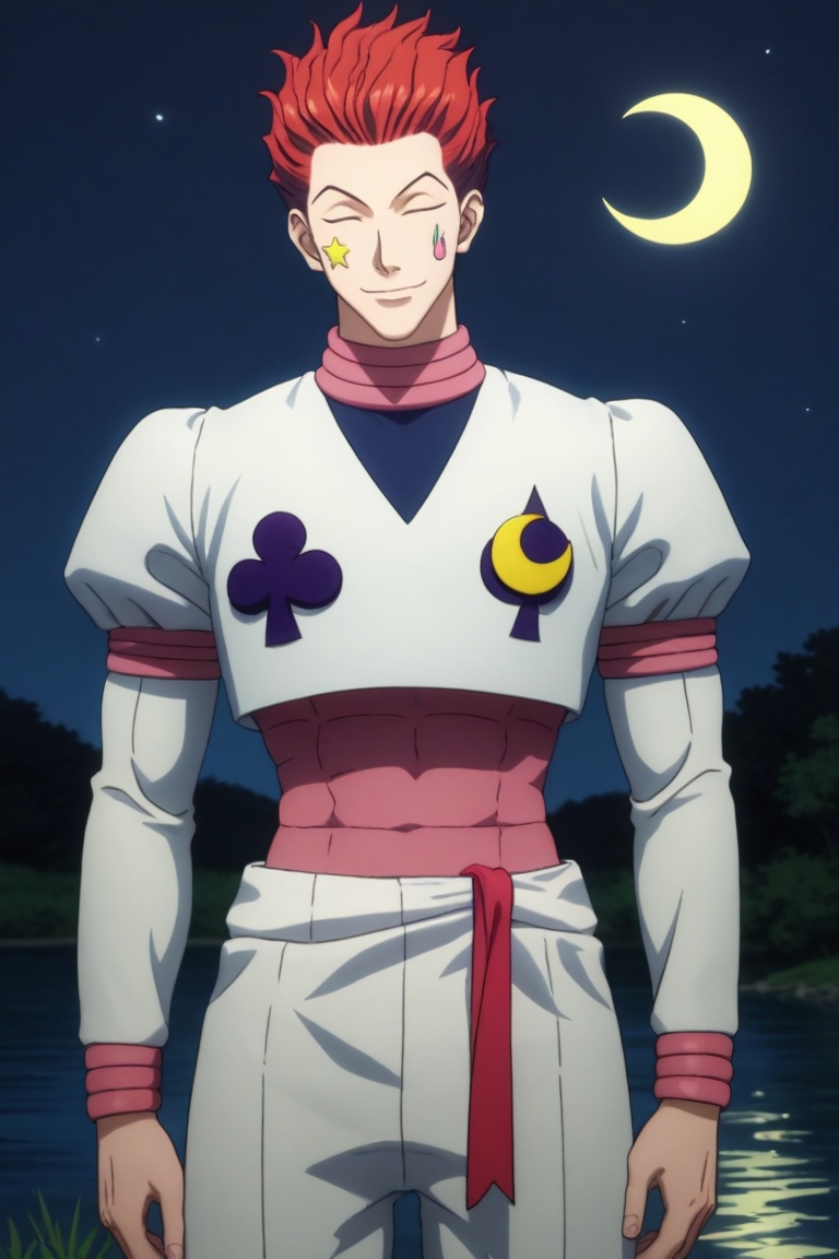 score_9, score_8_up, score_7_up, source_anime, rating_safe, , (3d:0.4), , , 1boy, solo, male focus, <lora:hisoka_morow_pony:0.94>, hisoka_morow, red hair, yellow eyes, facial mark, star (symbol), wide angle, wide shot, cowboy shot, lake, night, crescent moon, victory pose, (closed eyes:1.2), smile, , <lora:sdxl_lightning_8step_lora:1>