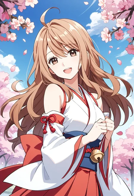 score_9, score_8_up, score_7_up, source_anime, iroha igarashi, long hair, brown hair, brown eyes, 1girl, bell, ahoge, petals, smile, jingle bell, solo, japanese clothes, open mouth, detached sleeves, skirt
