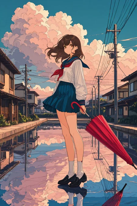 1girl,umbrella,outdoors,solo,skirt,school uniform,red neckerchief,sailor collar,ligne claire,serafuku,brown hair,holding,power lines,sky,neckerchief,utility pole,socks,holding umbrella,cloud,blue sailor collar,white socks,white shirt,long sleeves,blue skirt,shoes,shirt,pleated skirt,blue sky,standing,black footwear,day,reflection,loafers,medium hair,brown eyes,long hair,closed mouth,cloudy sky,full body,building,scenery,floating hair,looking at viewer,
<lora:jiaocha_illustriousXL:1>,