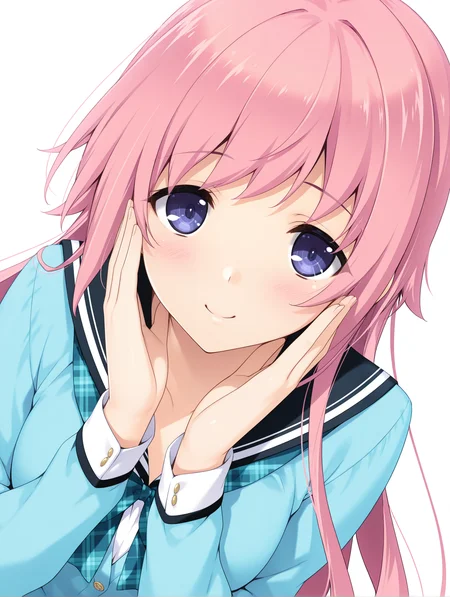 masterpiece,best quality,newest,
<lora:hinata_ilxl_v1.2:1>,1girl,solo,hinata,pink hair,blue eyes,hair down,long hair,medium breasts,h_clothes,long_sleeves,light blue uniform,
<lora:Fixhands_anime_bdsqlsz_V1:1>,white background,simple background,upper_body,looking_at_viewer,:o,smile,dynamic_angle,cinematic_angle,dutch angle,blush,hands on own face,