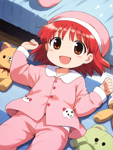 score_9, score_8_up, score_7_up, source_anime, rating_explicit, BREAK <lora:momo_shunrai_XL:1> momo_ shunrai, short stack, flat chest, short hair, red hair, brown eyes,
pink pajamas, stuffed toy, hat, stuffed animal, 1girl, comic,, open mouth, solo
room, flooring, curtain,
smile,
looking at viewer,
cowboyShot,