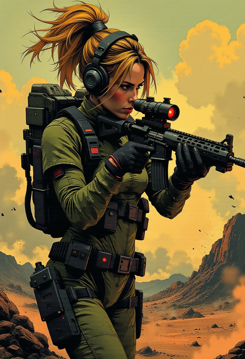 In the style of ff-td, nistyle, Silhouette Art, magnificent, Inkplash art on rice paper, sepia, henna , masterpiece, best quality,high quality, newest, highres,8K,HDR,absurdres, female space marine, loose blonde hair with dark highlights, aiming sniper rifle, aiming at target, red laser sight, power armour, high-tech scope, arid battlefield, focused, determined expression, dynamic pose, cinematic shot, dutch angle