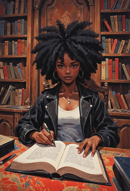 A Ghibli-inspired scene, Wide angle shot of a black woman in curly afro hairdo sitting at a table, ready to sign the title page of the book in front of her with a fountain pen. She is wearing a black leather jacket, a white tank top T-shirt. Behind her is a bookcase full of books with colorful spines. Dramatic lighting captures fine details in furniture design, intricate clothing folds, and the opulent state of the location. anime style, vibrant colors, cinematic shot, soft lighting, a reddish light pervades the room."