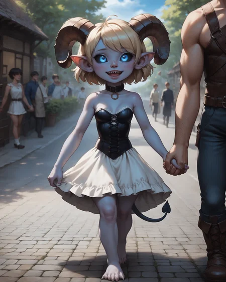 score_9, score_8_up, score_7_up, medieval road, cobblestone, town market, fantasy setting, natural light interplay on hair, hair gloss, detailed background, subsurface scatter, day, god rays, people walking by, dynamic view
<break>
Shortstack skinny female forest spirit, monster girl, curled horns, claws, (tail), semi-realistic, solo, (small breasts:1.2), face close-up+, (((mottled) grey and blue skin)), petite+, detailed hands, cute, (short girl:1.2), young, beautiful, thick thighs, white sundress, beautiful, sharp teeth, leather corset, bare feet, (black sclera), (glowing eyes), blue eyes, collar, short hair, blonde hair, exaggerated walking, swinging arms, wonder, awe, playful, mouth open, happy, animated Talking, beside another, (looking up, looking to the side), animated gesturing, ((single hand hold))
<break>
(((1boy, Tall male, size difference, larger male, fully clothed male, beside another, Faceless male walking, male head out of frame, male shoulders out of frame (Single hand hold))))