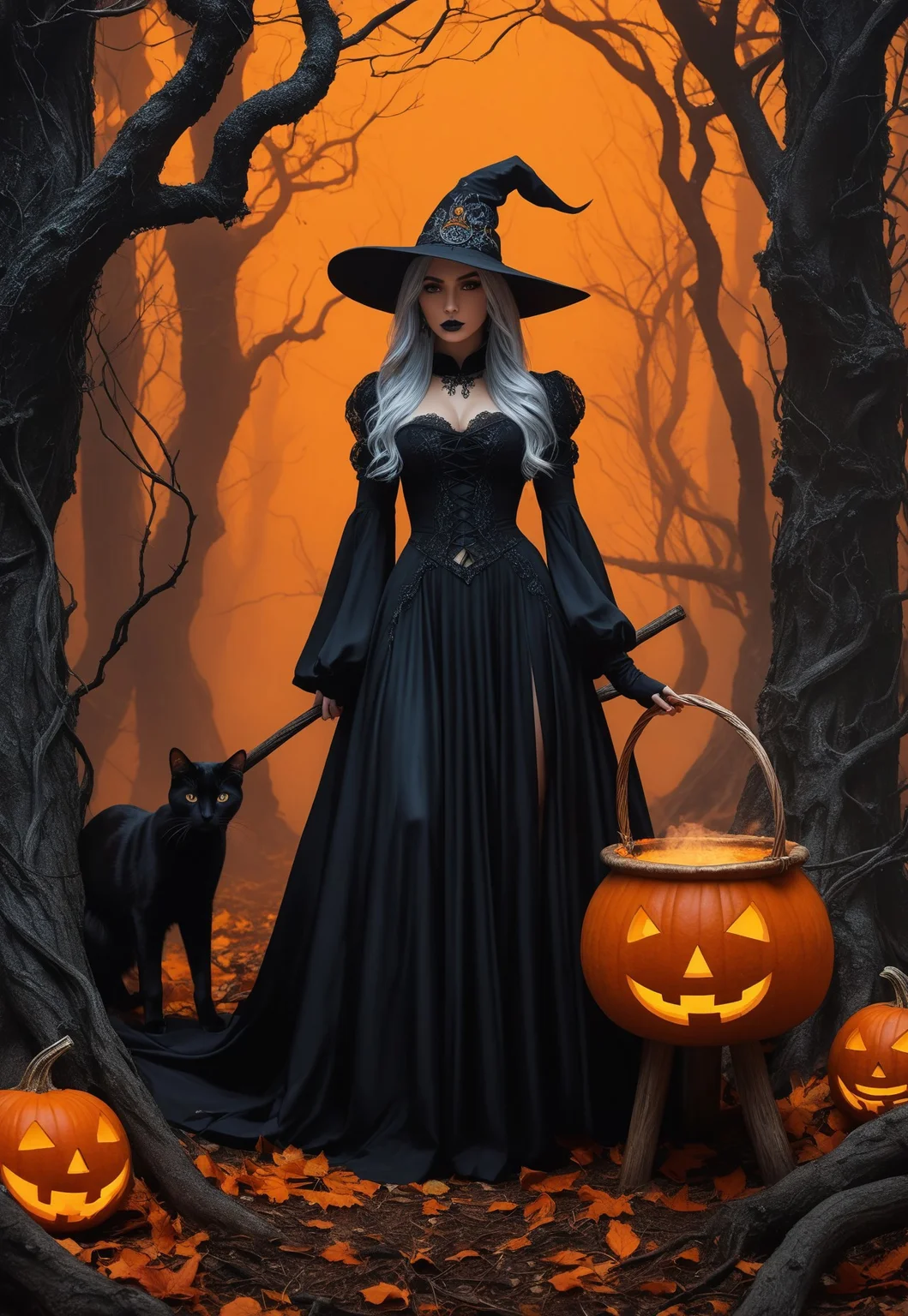 safe_pos, horror-themed Image of a witch in an intricate and terrifying forest, black trees with intricate branches. The witch is in the middle of the forest with a huge cauldron with luminous orange steam coming out of it. On the ground, next to the witch a giant Halloween pumpkin on which sits a black cat. Night, night atmosphere, horror, halloween, close-up
((((full-clothed)))),
BREAK
score_9, score_8_up, score_7_up, score_6_up, source_cartoon, rating_explicit, Expressiveh,
(8k uhd:1,4)
(((full-clothed))),
<lora:DandonFuga_Style_v.2_-_Pony:0.8>
<lora:Expressive_H:0.4>,<lora:EnvyPonySoftBeauty01:0.4>, <lora:detailed_notrigger:2>