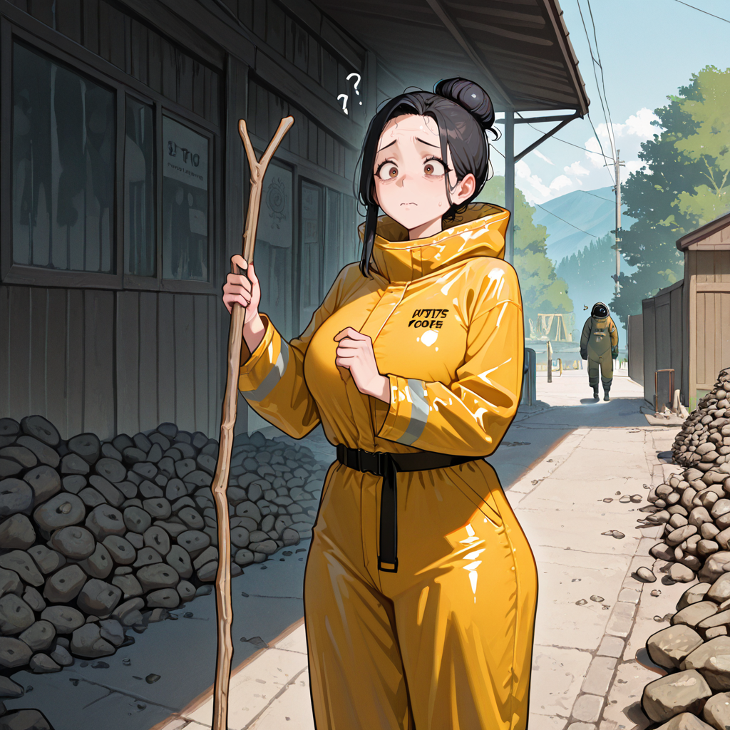 masterpiece, best quality, amazing quality, very aesthetic, absurdres, newest,
 <lora:Catherine_Fellatrix:1> cath, 1girl, mature female, black hair, brown eyes,
looing away, stick, and stones, but are they bad too TOS sama? holding, motion lines, scared, dynamic, outdoors, vastly overdressed, too many clothes, bruh, you know, imagine every clothing you own being worn by you at the same time, a fucking hazmat suit, bro, i dunno, just cover up!, and if you are voluptuous go and fucking lose weight I guess, this platform hates you, and your curves, that's right. Naturally thicc? We hate you for it! Fuck off!