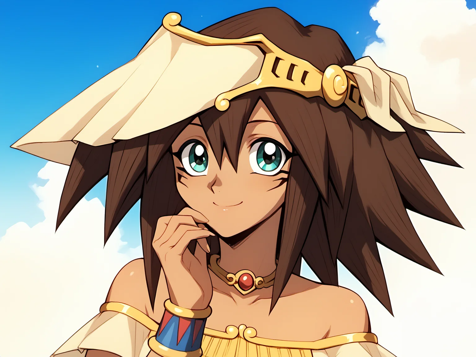 Mana, 1girl, dark skin, score_8_up, score_7_up, brown hair, light smile, Egypt <lora:ManaSDXLPony-8-8-c-Test:0.9>